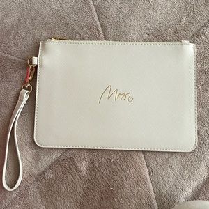 Mrs Wristlet Clutch Wallet Travel Pouch in Cream with Gold Accents and Letters